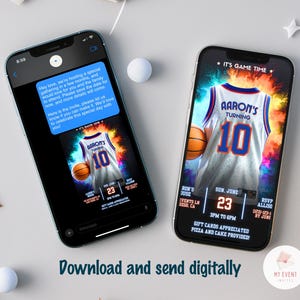May include: A digital invitation for a basketball-themed birthday party. The invitation features a basketball jersey with the name "Aaron's" and the number "10" on the back. The jersey is surrounded by colorful paint splatters. The text "It's Game Time" is at the top of the invitation. The date and time of the party are listed as "Sun, June 23, 3PM to 6PM". The invitation also includes an RSVP phone number and deadline.