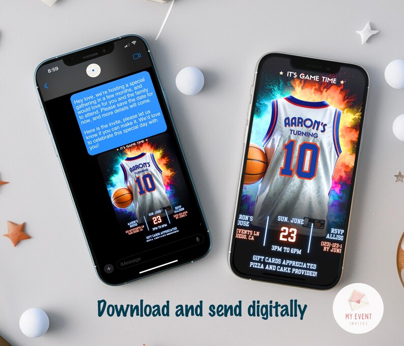 May include: A digital invitation for a basketball-themed birthday party. The invitation features a basketball jersey with the name "Aaron's" and the number "10" on the back. The jersey is surrounded by colorful paint splatters. The text "It's Game Time" is at the top of the invitation. The date and time of the party are listed as "Sun, June 23, 3PM to 6PM". The invitation also includes an RSVP phone number and deadline.