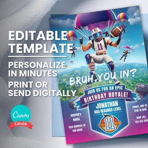 Faire-part d'anniversaire de football, invitation à une fête d'anniversaire de joueur, jeu vidéo Evite, modèle numérique modifiable, téléchargement immédiat, carte d'anniversaire imprimable