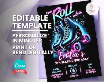 Skate Party Invitation, Neon Roller Skate Birthday Party, Editable Template, Printable Bday Card, Digital Electronic Evite, Instant Download