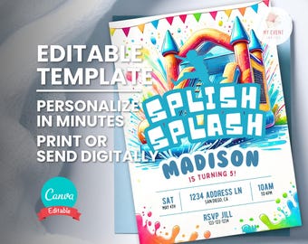 Water Slide Invite, Splash Party Birthday Invitation, Summer Pool Party, Inflatable Jumper, Editable Template