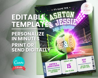 Soccer & Softball Joint Invitation, Printable Birthday Ticket Invite, Editable Template, Digital Download