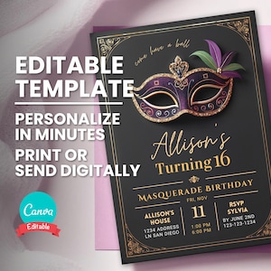 Faire-part de mascarade, invitation de fête d'anniversaire de masque de mascarade, tout âge, modèle numérique modifiable, carte d'anniversaire imprimable, téléchargement immédiat