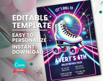 Skating Party Invitation for Roller Skate Birthday Party Invite, Editable Roller Skate Birthday Flyer, Neon Glow Skating Printable Template