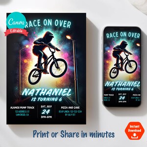 May include: A birthday party invitation with a neon blue and purple design featuring a silhouette of a person riding a BMX bike. The text "RACE ON OVER" is at the top of the invitation. The text "NATHANIEL IS TURNING 6" is in the center of the invitation. The invitation includes details about the party, including the date, time, and location.