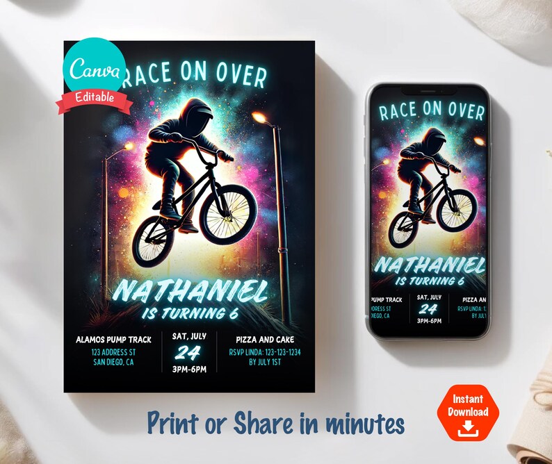 May include: A birthday party invitation with a neon blue and purple design featuring a silhouette of a person riding a BMX bike. The text "RACE ON OVER" is at the top of the invitation. The text "NATHANIEL IS TURNING 6" is in the center of the invitation. The invitation includes details about the party, including the date, time, and location.