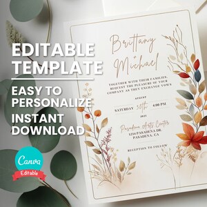 Invito a nozze Boho rustico modificabile per matrimoni rustici Invito foglie autunnali per matrimonio Boho autunnale elegante Invito foglie secche autunnali
