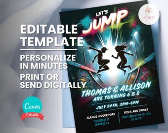 Boy Girl Trampoline Invite, Joint Let's Jump Birthday, Digital Template, Printable Card, Instant Download