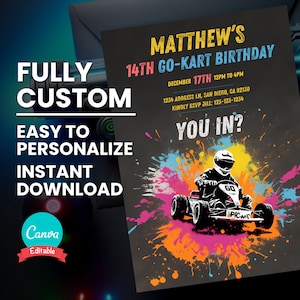 Invitación de Go Kart Racing para adolescentes Invitación de cumpleaños de Go Kart para niños, Invitación a fiesta de Go Cart, Plantilla digital del folleto del parque de atracciones Go Kart