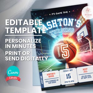 Può includere: Un modello di invito di compleanno a tema sportivo con una grafica ibrida di basket e football, sfondo dello stadio e il testo "ASHTON'S TURNING 5". Il design include dettagli in stile biglietto per le informazioni sull'evento e i contatti.