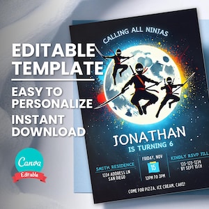 Faire-part de fête d'anniversaire Ninja, thème Ninja de tout âge, modèle numérique modifiable, téléchargement immédiat, carte d'invitation imprimable, téléphone portable