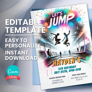 Convite de aniversário Lets Jump, parque de trampolim, convite para festa de salto para adolescentes, modelo editável, cartão para impressão, Evite digital, download instantâneo