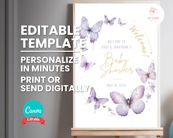 Butterfly Baby Shower Welcome Sign, 24x36 Editable Digital Template, Printable Party Poster, Matching Items in Description, Instant Download
