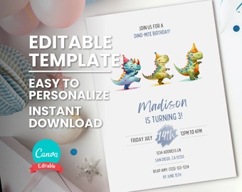 Könnte beinhalten: Editierbare Dinosaurier-Geburtstagseinladungsvorlage mit einer Illustration eines blauen, grünen und orangefarbenen Dinosauriers. Der Text lautet "Join us for a Dino-mite Birthday!" und "Madison wird 3!" mit Datum und Uhrzeit der Party.