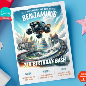 Invito di compleanno per bambini a tema Monster Truck volante Invito per festa di compleanno per bambini a tema Monster Truck Invito per festa di compleanno per bambini Modello di biglietto di invito per festa di compleanno per bambini