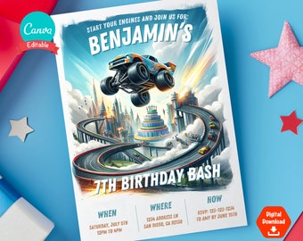 Flying Monster Truck Birthday Invite For Kid Race Car Birthday Party Invitation for Boy Monster Truck Birthday Party Invite Card Template