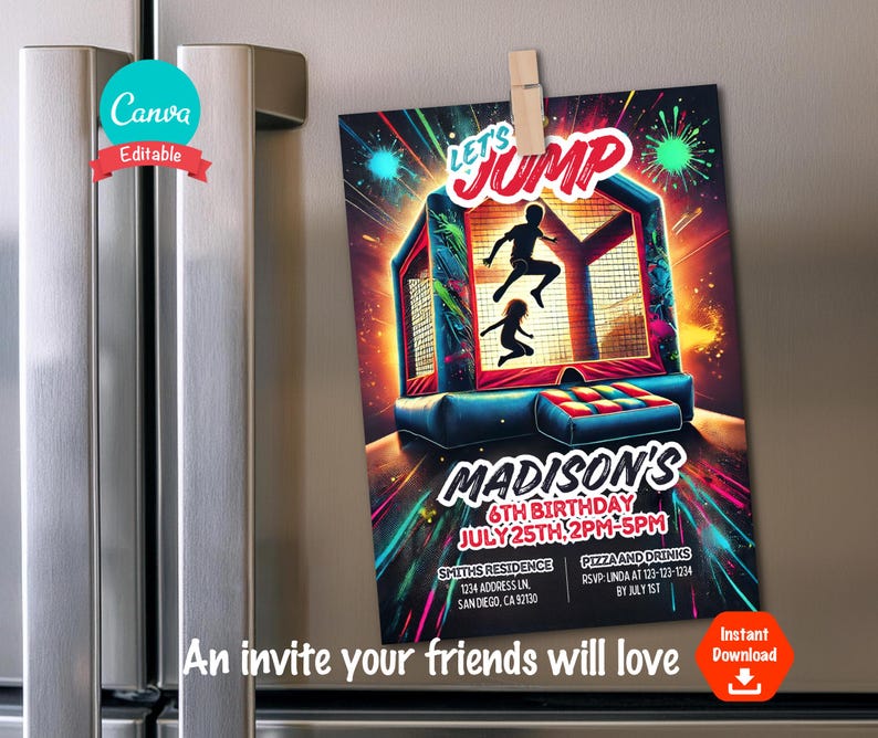 May include: A colorful birthday party invitation with a neon-colored bouncy house and the text "Let's Jump! Madison's 6th Birthday July 25th, 2PM-5PM".