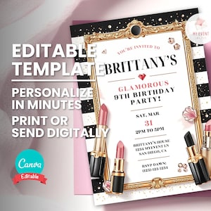 Invito di compleanno per trucco, modello modificabile per qualsiasi età, invito per festa di trucco, biglietto di compleanno stampabile, invito elettronico digitale scaricabile all'istante