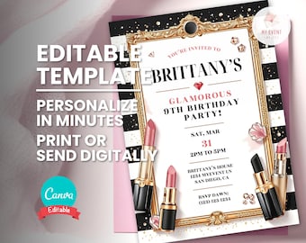 Pode incluir: Um convite de festa de aniversário branco e dourado com listras pretas e brancas no fundo. O convite apresenta uma moldura dourada com um design de batom rosa e dourado. O texto no convite diz "Você está convidado para a festa de aniversário de 9 anos da Brittany!" com a data e hora da festa.