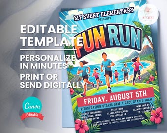Fun Run Invitation, Coastal Beach Race, School Charity Fundraiser Flyer, Editable Template, Instant Download