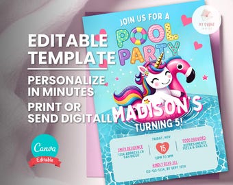 Unicorn Flamingo Pool Party Invite, Splish Splash Birthday Bash, Editable Digital Template, Printable Card, Instant Download