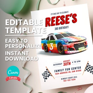 Raceauto verjaardagsuitnodiging, elke leeftijd Racing Piñata-feestuitnodiging, kleurrijke raceauto Pinata, bewerkbare digitale sjabloon, Instant Download
