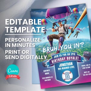 Convite de aniversário de beisebol, convite para festa de aniversário de jogador, convite para videogame, modelo digital editável, download instantâneo, cartão de aniversário para impressão