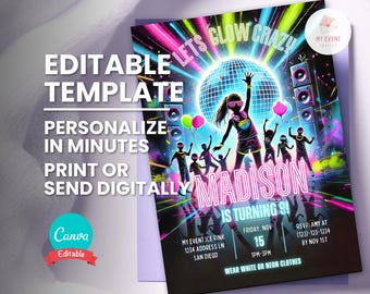 Ice Skate Birthday Invitation, Lets Glow Party Invite, Editable Template, Instant Download