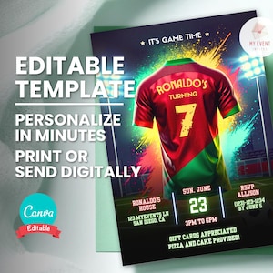 Faire-part d'anniversaire de football, maillot de football d'âge modifiable, invitation à une fête d'anniversaire de football pour enfant, modèle numérique, carte imprimable, téléchargement immédiat