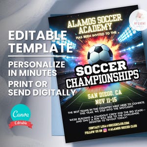 Flyer para partida de futebol, convite para campeonato, convite para jogo de torneio, modelo editável, cartão para impressão, download instantâneo de Evite digital