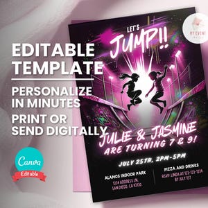 Invitation de fête de trampoline de fille pour un anniversaire commun ou une double fête d'anniversaire, invitation de partie de saut, anniversaire de parc de parkour d'ado, laisse la partie de saut