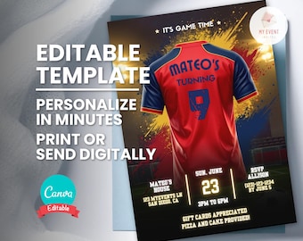 Soccer Jersey Birthday Invitation, Red Sports Party Invite for Boys, Editable Canva Template, Personalized Name Age Number, Instant Download