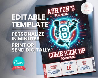 May include: Editable birthday party invitation template with a blue and red neon design. The invitation features a cartoon image of a child in a karate uniform kicking a glowing number 8. The text reads "Ashton's Turning 8 Come Kick Up Some Fun".