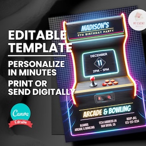 Invito di compleanno arcade, invito per video arcade con qualsiasi festa a tema, modello modificabile, invito digitale, biglietto di compleanno stampabile con download immediato