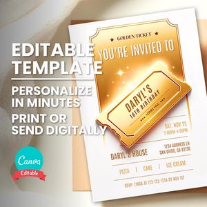Golden Ticket Geburtstagseinladung, jedes Alter, bearbeitbare Vorlage, glänzende Gold Party einladen, digitale Evite, druckbare Geburtstagskarte, Sofort Download