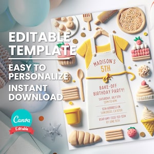 Invitación de cumpleaños de Bake Off, invitación a una fiesta de cumpleaños de cocina para niños, tema de cocina, plantilla editable, tarjeta imprimible, invitación digital Evite