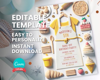 Peut inclure: Une invitation d'anniversaire imprimable avec une illustration de dessin animé d'un tablier de boulanger, des cupcakes et d'autres articles sur le thème de la pâtisserie. Le texte sur l'invitation indique "Madison's 5th Bake-Off Birthday Party! Saturday, July 5th 12PM to 4PM 1234 Address Ln San Diego, CA 92130 RSVP Amy: (123)-123-1234 By June 15th".