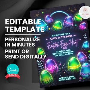 Convite para caça aos ovos de Páscoa, convite para festa de Páscoa neon que brilha no escuro, modelo editável, cartão para impressão, folheto digital para download instantâneo