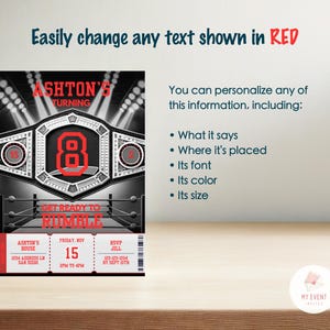 K&ouml;nnte beinhalten: Eine Wrestling-Motto-Geburtstagseinladung mit einem Schwarzwei&szlig;bild eines Meisterschaftsg&uuml;rtels mit der Nummer 8 in Rot. Der Text "Ashton's Turning 8 Get Ready to Rumble" ist in Rot. Die Einladung enth&auml;lt Details zur Party, einschlie&szlig;lich Datum, Uhrzeit, Ort und RSVP-Informationen.