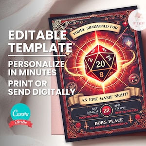 Invitación a una noche de juegos, invitación a una fiesta de D&D TTRPG, plantilla digital editable para juegos de mesa, folleto imprimible, tarjeta personalizable, descarga instantánea