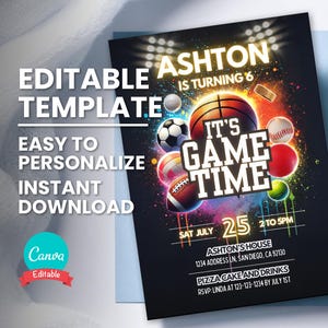 Invitación de cumpleaños deportiva, invitación editable con tema deportivo para eventos, para cualquier edad, folleto de evento deportivo, plantilla digital, descarga instantánea, imprimible