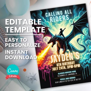 Epic Dragon Birthday Party Invitation Card, Chiamata a tutti i cavalieri, Invito di compleanno modificabile, Modello digitale stampabile, Download immediato