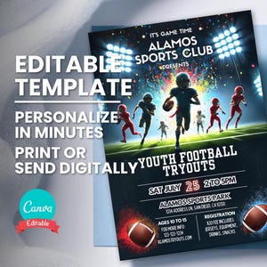 Uitnodiging voetbaltry-out, uitnodiging teamcompetitie of vereniging, try-out, bewerkbare sjabloon, afdrukbare flyer, digitale Evite, direct downloaden