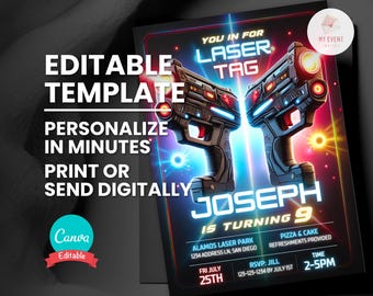 Laser Tag Invitation, Editable Digital Template, Printable Birthday Card, Instant Download
