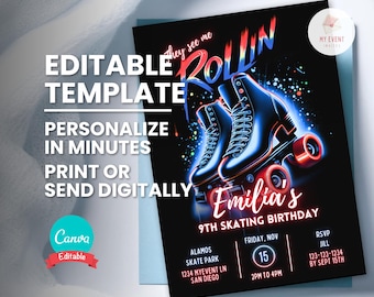Skate Party Invitation, Neon Roller Park Birthday Party, Editable Template, Printable Card, Instant Download