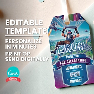 Puede incluir: Etiqueta de fiesta de cumpleaños de Fortnite editable con un esquema de color azul, morado y rosa. La etiqueta presenta un personaje de dibujos animados en paracaídas con el texto "Bruh" y "Gracias por celebrar el 6º cumpleaños de Jonathan".