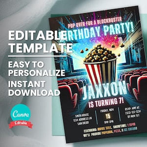 Film-Geburtstagseinladung, Junge oder Mädchen-Kino-Geburtstagsfeier einladen, Popcorn-Party bearbeitbare Vorlage, druckbare Einladung, digitale Evite
