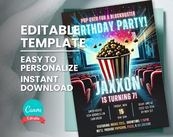 May include: Editable birthday party invitation template featuring a movie theatre scene with popcorn, a red and white striped popcorn bucket, and the text "Pop Over for a Blockbuster Birthday Party!" and "Jaxxon is turning 7!"