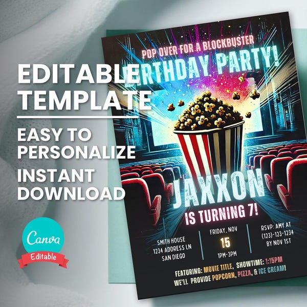 Movie Birthday Invitation, Boy or Girl Movie Theater Birthday Party Invite, Popcorn Party Editable Template, Printable Invite, Digital Evite