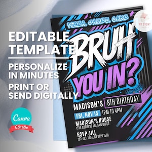 Convite de aniversário do irmão, qualquer idade, qualquer tema, modelo digital, convite para festa editável, download instantâneo, cartão de aniversário para impressão, grafite neon